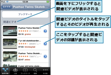 ここをタップすると関連ビデオの詳細が表示される,画面を下にフリックすると関連ビデオが表示される,関連ビデオのタイトルをタップするとそのビデオが再生される