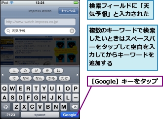 検索フィールドに「天気予報」と入力された,複数のキーワードで検索したいときはスペースバーをタップして空白を入力してからキーワードを追加する,［Google］キーをタップ