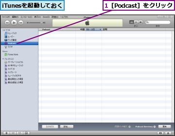 1［Podcast］をクリック,iTunesを起動しておく