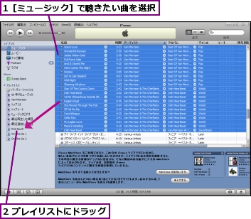 1［ミュージック］で聴きたい曲を選択,2 プレイリストにドラッグ