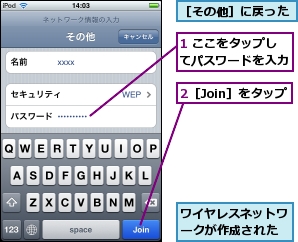 1 ここをタップしてパスワードを入力,2［Join］をタップ,ワイヤレスネットワークが作成された,［その他］に戻った
