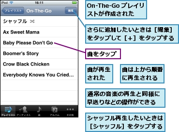 On-The-Go プレイリストが作成された,さらに追加したいときは［編集］をタップして［＋］をタップする,シャッフル再生したいときは［シャッフル］をタップする,曲が再生された,曲は上から順番に再生される,曲をタップ,通常の音楽の再生と同様に早送りなどの操作ができる
