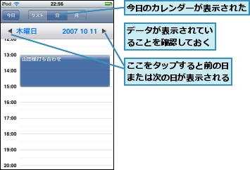 ここをタップすると前の日または次の日が表示される,データが表示されていることを確認しておく,今日のカレンダーが表示された