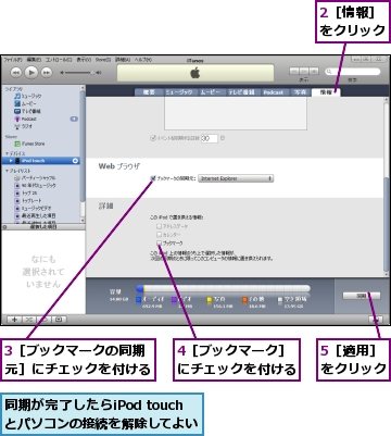 2［情報］をクリック,3［ブックマークの同期元］にチェックを付ける,4［ブックマーク］にチェックを付ける,5［適用］をクリック,同期が完了したらiPod touchとパソコンの接続を解除してよい