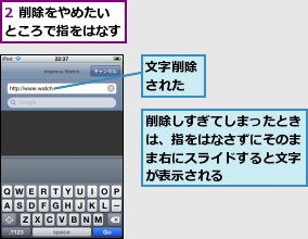 2 削除をやめたいところで指をはなす,削除しすぎてしまったときは、指をはなさずにそのまま右にスライドすると文字が表示される,文字削除された