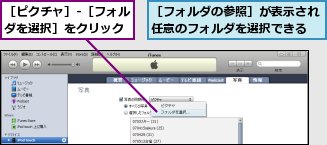［ピクチャ］-［フォルダを選択］をクリック,［フォルダの参照］が表示され任意のフォルダを選択できる