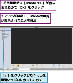 1初回起動時は［iPhoto '08］が表示されるので［OK］をクリック,2iPhotoが起動し、iPhotoの画面が表示されたことを確認,［＋］をクリックしてiPhotoを画面いっぱいに表示しておく