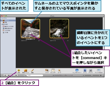 1結合したいイベントを［command］キーを押しながら選択,2［結合］をクリック,すべてのイベントが表示された,サムネールの上でマウスポインタを動かすと保存されている写真が表示される,撮影日別に分かれているイベントを1つのイベントにする