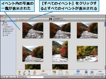 イベント内の写真の一覧が表示された,［すべてのイベント］をクリックするとすべてのイベントが表示される