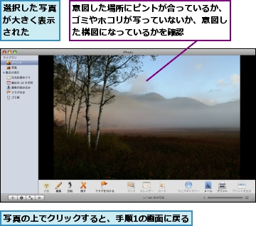 写真の上でクリックすると、手順1の画面に戻る,意図した場所にピントが合っているか、ゴミやホコリが写っていないか、意図した構図になっているかを確認,選択した写真が大きく表示された