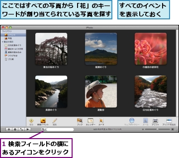 1 検索フィールドの横にあるアイコンをクリック,ここではすべての写真から「花」のキーワードが割り当てられている写真を探す,すべてのイベントを表示しておく