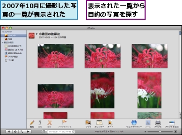 2007年10月に撮影した写真の一覧が表示された,表示された一覧から目的の写真を探す