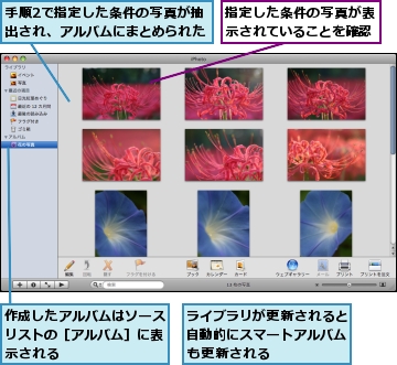 ライブラリが更新されると自動的にスマートアルバムも更新される,作成したアルバムはソースリストの［アルバム］に表示される,手順2で指定した条件の写真が抽出され、アルバムにまとめられた,指定した条件の写真が表示されていることを確認