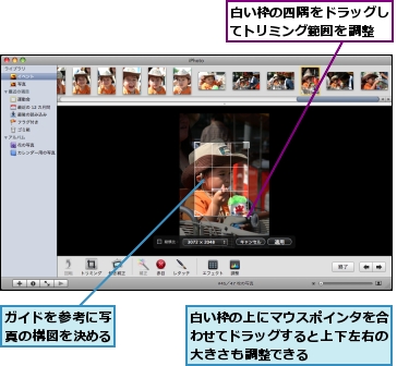 ガイドを参考に写真の構図を決める,白い枠の上にマウスポインタを合わせてドラッグすると上下左右の大きさも調整できる,白い枠の四隅をドラッグしてトリミング範囲を調整