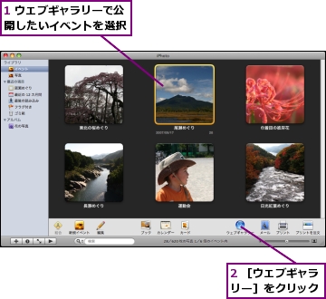 1 ウェブギャラリーで公開したいイベントを選択,2 ［ウェブギャラリー］をクリック