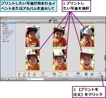 1 プリントしたい写真を選択,2 ［プリントを注文］をクリック,プリントしたい写真が含まれるイベントまたはアルバムを表示しておく