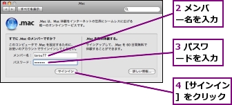 2 メンバー名を入力,3 パスワードを入力,4［サインイン］をクリック