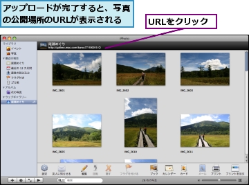 URLをクリック,アップロードが完了すると、写真の公開場所のURLが表示される