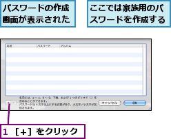 1 ［＋］をクリック,ここでは家族用のパスワードを作成する,パスワードの作成画面が表示された