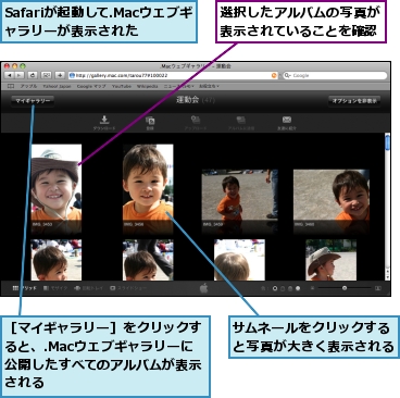 Safariが起動して.Macウェブギャラリーが表示された,サムネールをクリックすると写真が大きく表示される,選択したアルバムの写真が表示されていることを確認,［マイギャラリー］をクリックすると、.Macウェブギャラリーに公開したすべてのアルバムが表示される