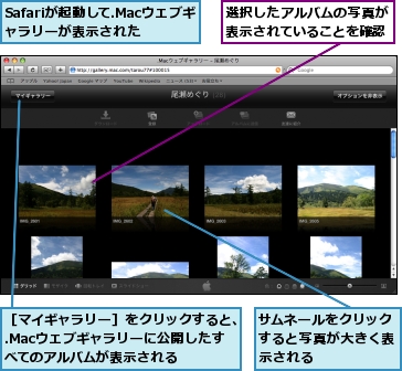 Safariが起動して.Macウェブギャラリーが表示された,サムネールをクリックすると写真が大きく表示される,選択したアルバムの写真が表示されていることを確認,［マイギャラリー］をクリックすると、.Macウェブギャラリーに公開したすべてのアルバムが表示される