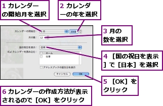 1 カレンダーの開始月を選択,2 カレンダーの年を選択,3 月の数を選択,4 ［国の祝日を表示］で［日本］を選択,5 ［OK］をクリック,6 カレンダーの作成方法が表示されるので［OK］をクリック