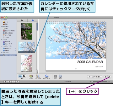 カレンダーに使用されている写真にはチェックマークが付く,選択した写真が表紙に設定された,間違った写真を設定してしまったときは、写真を選択して［delete］キーを押して削除する,［→］をクリック