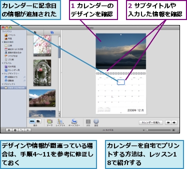 1 カレンダーのデザインを確認,2 サブタイトルや入力した情報を確認,カレンダーに記念日の情報が追加された,カレンダーを自宅でプリントする方法は、レッスン18で紹介する,デザインや情報が間違っている場合は、手順4〜11を参考に修正しておく