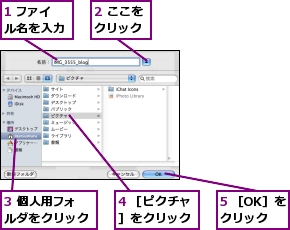 1 ファイル名を入力,2 ここをクリック,3 個人用フォルダをクリック,4 ［ピクチャ］をクリック,5 ［OK］をクリック