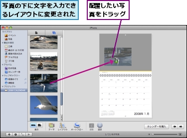 写真の下に文字を入力できるレイアウトに変更された,配置したい写真をドラッグ
