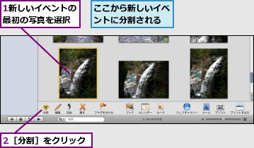 1新しいイベントの最初の写真を選択,2［分割］をクリック,ここから新しいイベントに分割される