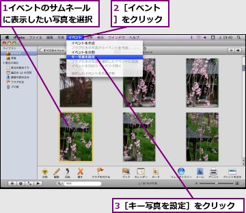 1イベントのサムネールに表示したい写真を選択,2［イベント］をクリック,3［キー写真を設定］をクリック