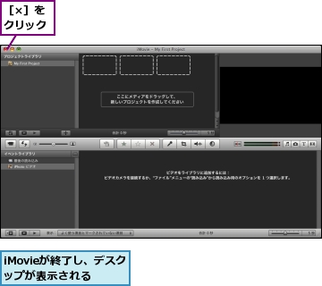 iMovieが終了し、デスクトップが表示される,［×］をクリック