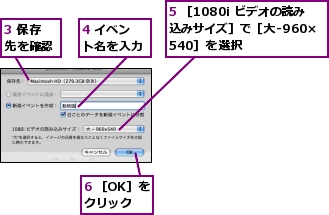 3 保存先を確認,4 イベント名を入力,5 ［1080i ビデオの読み込みサイズ］で［大-960×540］を選択,6 ［OK］をクリック