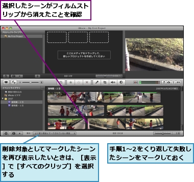 削除対象としてマークしたシーンを再び表示したいときは、［表示］で［すべてのクリップ］を選択する,手順1〜2をくり返して失敗したシーンをマークしておく,選択したシーンがフィルムストリップから消えたことを確認