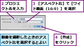 2 プロジェクト名を入力,3 ［アスペクト比］で［ワイド画面（16:9）］を選択,4 ［作成］をクリック,動画を撮影したときのアスペクト比を選択するとよい