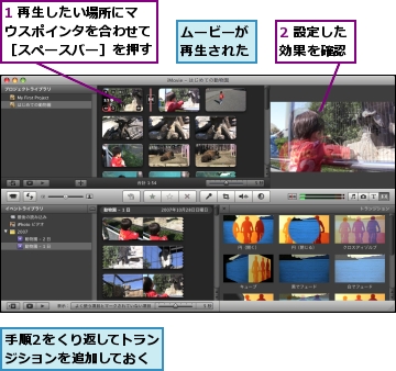 1 再生したい場所にマウスポインタを合わせて［スペースバー］を押す,2 設定した効果を確認,ムービーが再生された,手順2をくり返してトランジションを追加しておく
