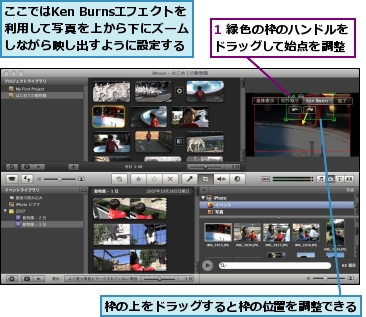1 緑色の枠のハンドルをドラッグして始点を調整,ここではKen Burnsエフェクトを利用して写真を上から下にズームしながら映し出すように設定する,枠の上をドラッグすると枠の位置を調整できる