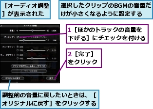 1［ほかのトラックの音量を下げる］にチェックを付ける,2［完了］をクリック,調整前の音量に戻したいときは、［オリジナルに戻す］をクリックする,選択したクリップのBGMの音量だけが小さくなるように設定する,［オーディオ調整］が表示された