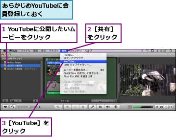 1 YouTubeに公開したいムービーをクリック,2［共有］をクリック,3［YouTube］をクリック,あらかじめYouTubeに会員登録しておく