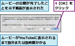 4［OK］をクリック,ムービーがYouTubeに表示されるまで数分または数時間かかる,ムービーの公開が完了したことを示す画面が表示された