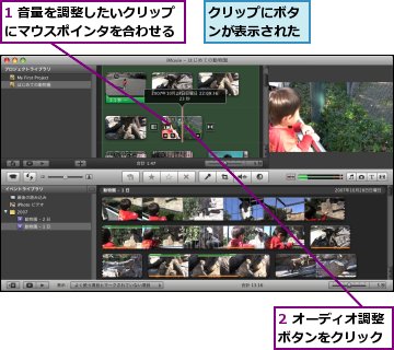 1 音量を調整したいクリップにマウスポインタを合わせる,2 オーディオ調整ボタンをクリック,クリップにボタンが表示された
