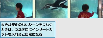 大きな変化のないシーンをつなぐときは、つなぎ目にインサートカットを入れると自然になる