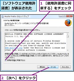 1 ［使用許諾書に同意する］をチェック,2 ［次へ］をクリック,［ソフトウェア使用許諾書］が表示された