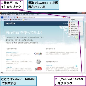 1 検索バーの［▼］をクリック,2 ［Yahoo! JAPAN］をクリック,ここではYahoo! JAPAN で検索する,標準ではGoogle が選択されている