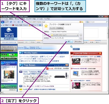 1 ［タグ］にキーワードを入力,2［完了］をクリック,複数のキーワードは「,（カンマ）」で区切って入力する