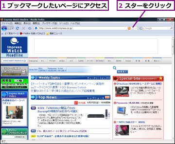 1 ブックマークしたいページにアクセス,2 スターをクリック