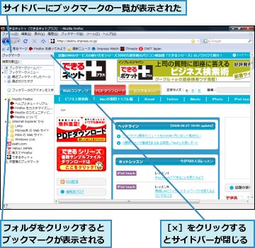 サイドバーにブックマークの一覧が表示された,フォルダをクリックするとブックマークが表示される,［×］をクリックするとサイドバーが閉じる