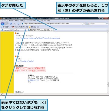 タブが閉じた,表示中ではないタブも［×］をクリックして閉じられる,表示中のタブを閉じると、１つ前（左）のタブが表示される