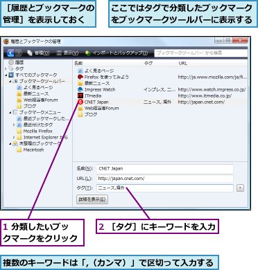1 分類したいブックマークをクリック,2 ［タグ］にキーワードを入力,ここではタグで分類したブックマークをブックマークツールバーに表示する,複数のキーワードは「,（カンマ）」で区切って入力する,［履歴とブックマークの管理］を表示しておく
